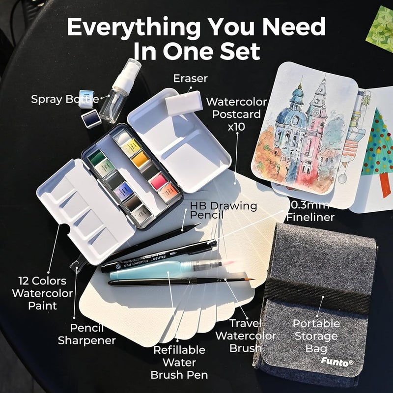 Funto Travel Watercolor Set, 12-Color Paint, 10 Premium Postcards, Brush, Brush Pen, Fineliner, Pencil, Painting Set for Adults, Beginner, and Artists - Image 2